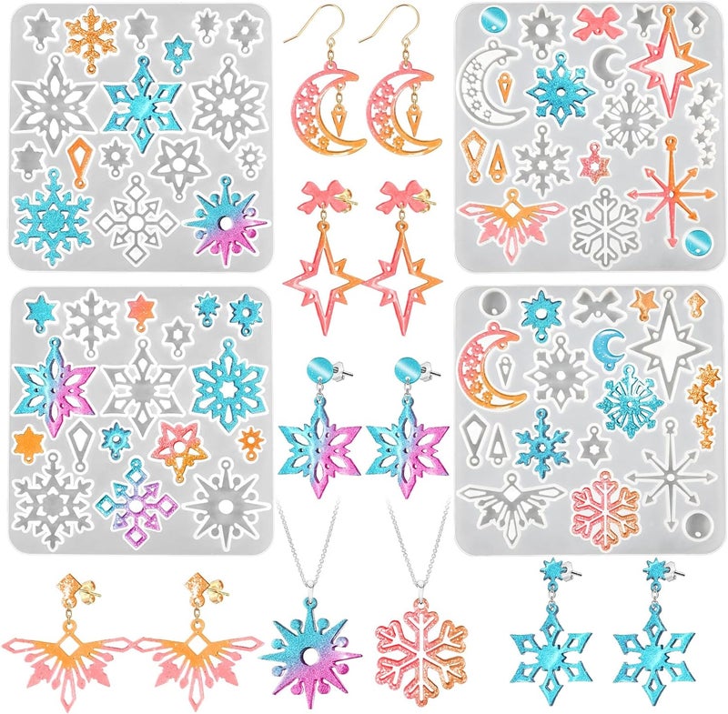ZQYSING 4 Pack Snowflake Resin Earring Molds with Holes, Christmas Resin Molds Various Shapes Snowflakes Moon Star Silicone Mold for Stud Dangle Drop Earring Pendant Keychain Handmade Jewelry Gift - Image 1